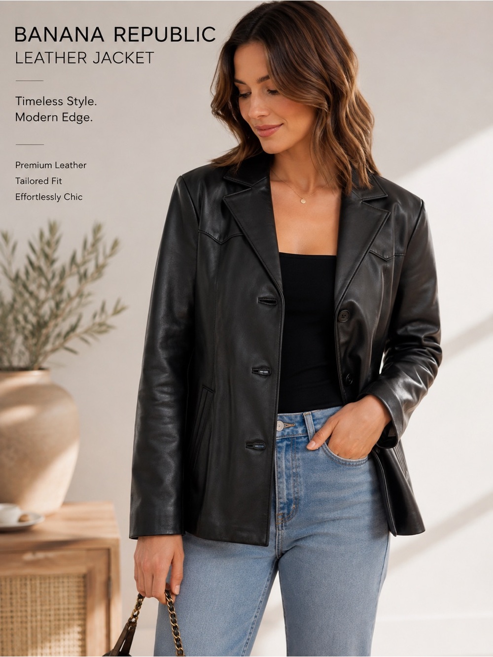Vintage Banana Republic Black Leather Jacket- Western Yoke